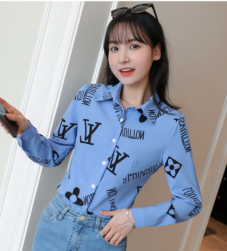 New spring and autumn Korean-style slim-fit shirt for women, long-sleeved printed striped trendy base layer, Hong Kong-style top for women pic 25