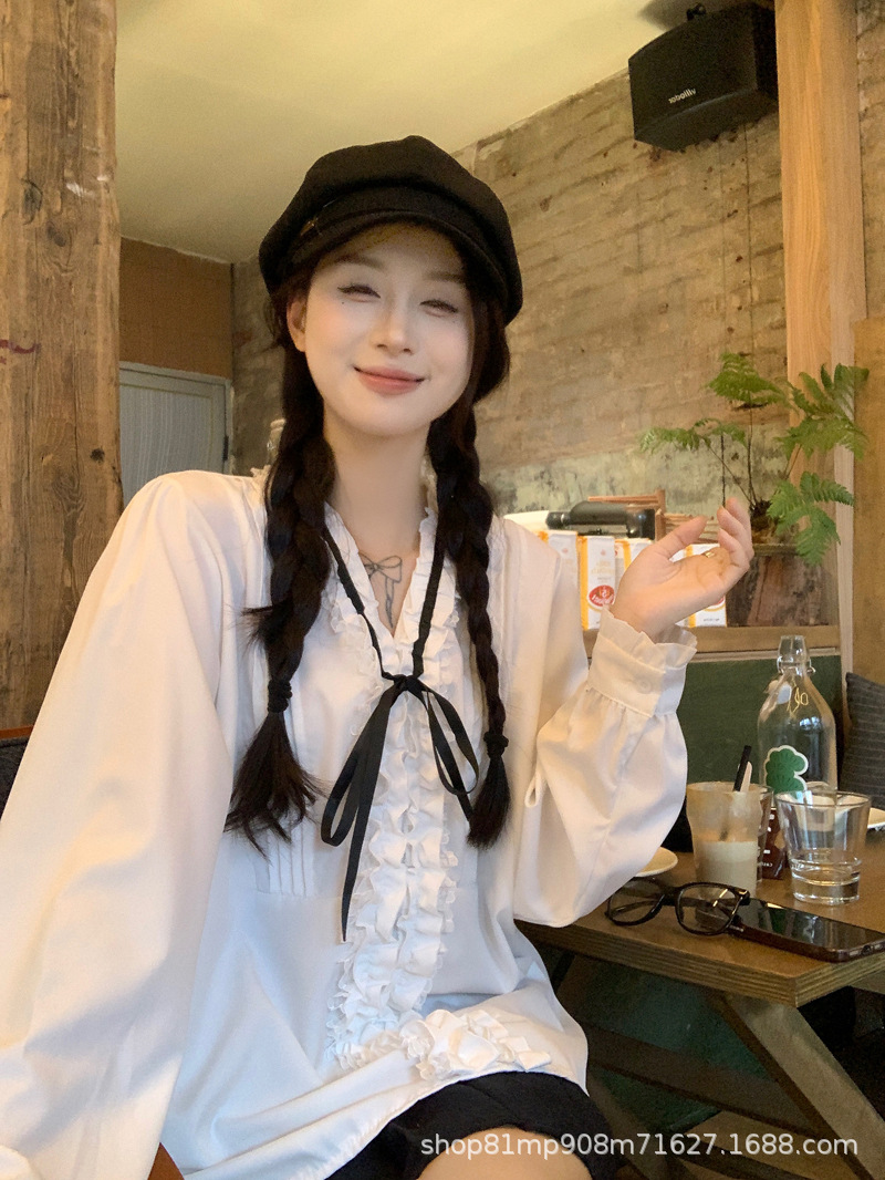 法式千金早春压褶小众气质名媛甜美系带蝴蝶结衬衫女长袖白衬衣女详情12