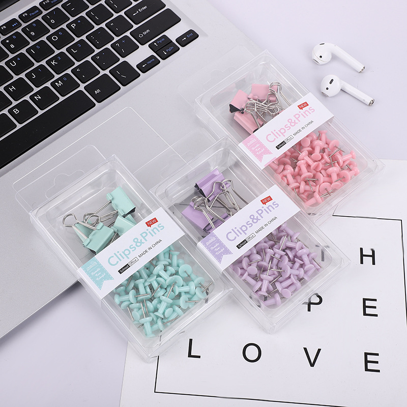 Cross-border 2-in-1 office combo set, macaron-colored large and small paper clip, ticket holder, thumbtack, swallowtail clip, box set pic 1