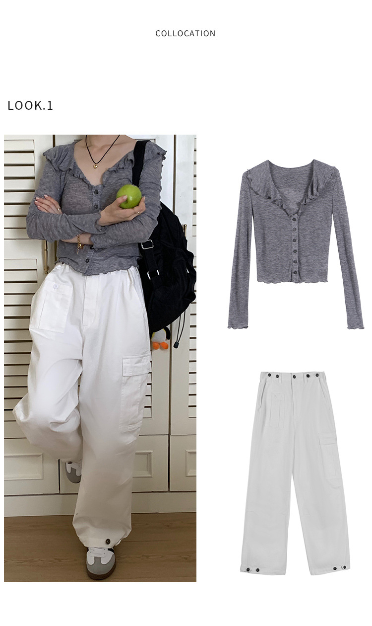 【法式别致的】木耳边V领T恤女2023秋季新款休闲百搭长袖开衫上衣详情13