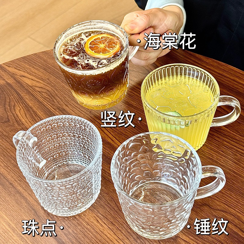 ins玻璃杯带把手家用早餐杯网红浮雕水杯高颜值咖啡杯伴手礼杯子详情13