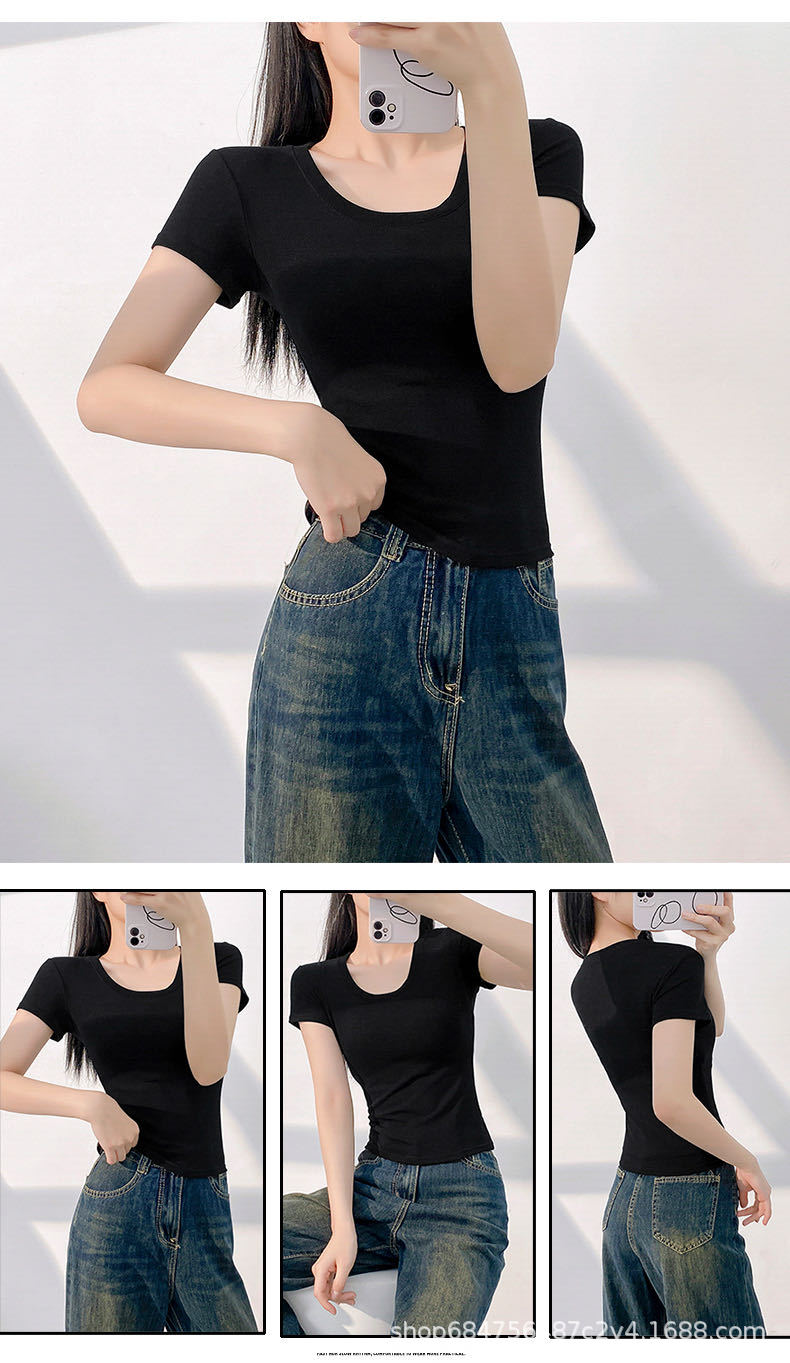 美式修身短袖T恤女2025夏季新款收腰圆领体恤甜辣短款小上衣打底详情9