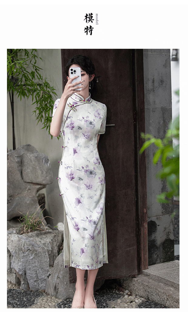 国潮2025新款民国风复古素雅国朝风气质优雅短袖改良年轻款提花旗袍详情5