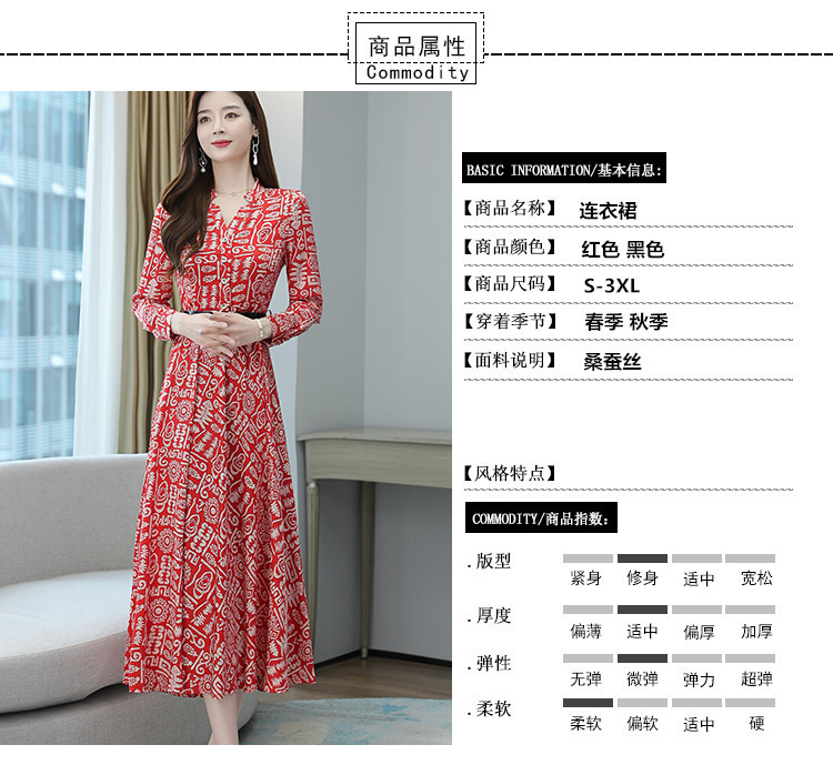 真丝女士连衣裙女春夏优雅风高端高级印花v领桑蚕丝A字长裙子新款详情6