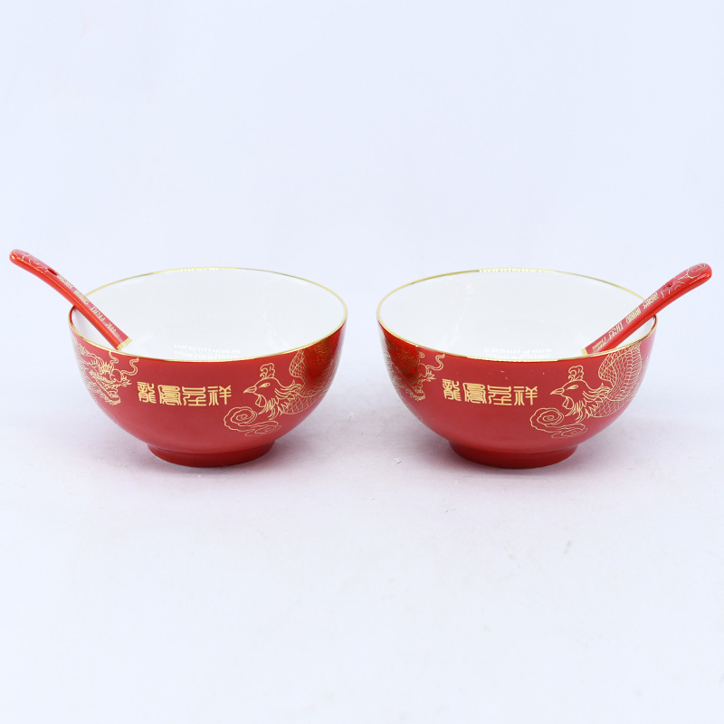 Wholesale of 10 red porcelain wedding bowls, auspicious dragon and phoenix wedding tableware rice bowls, wholesale of red porcelain gift bowls pic 3