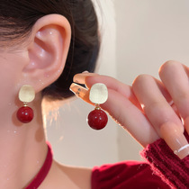 新年喜庆安可拉红色珠子耳钉女哑光拉丝几何形耳钉港风复工耳饰品详情3