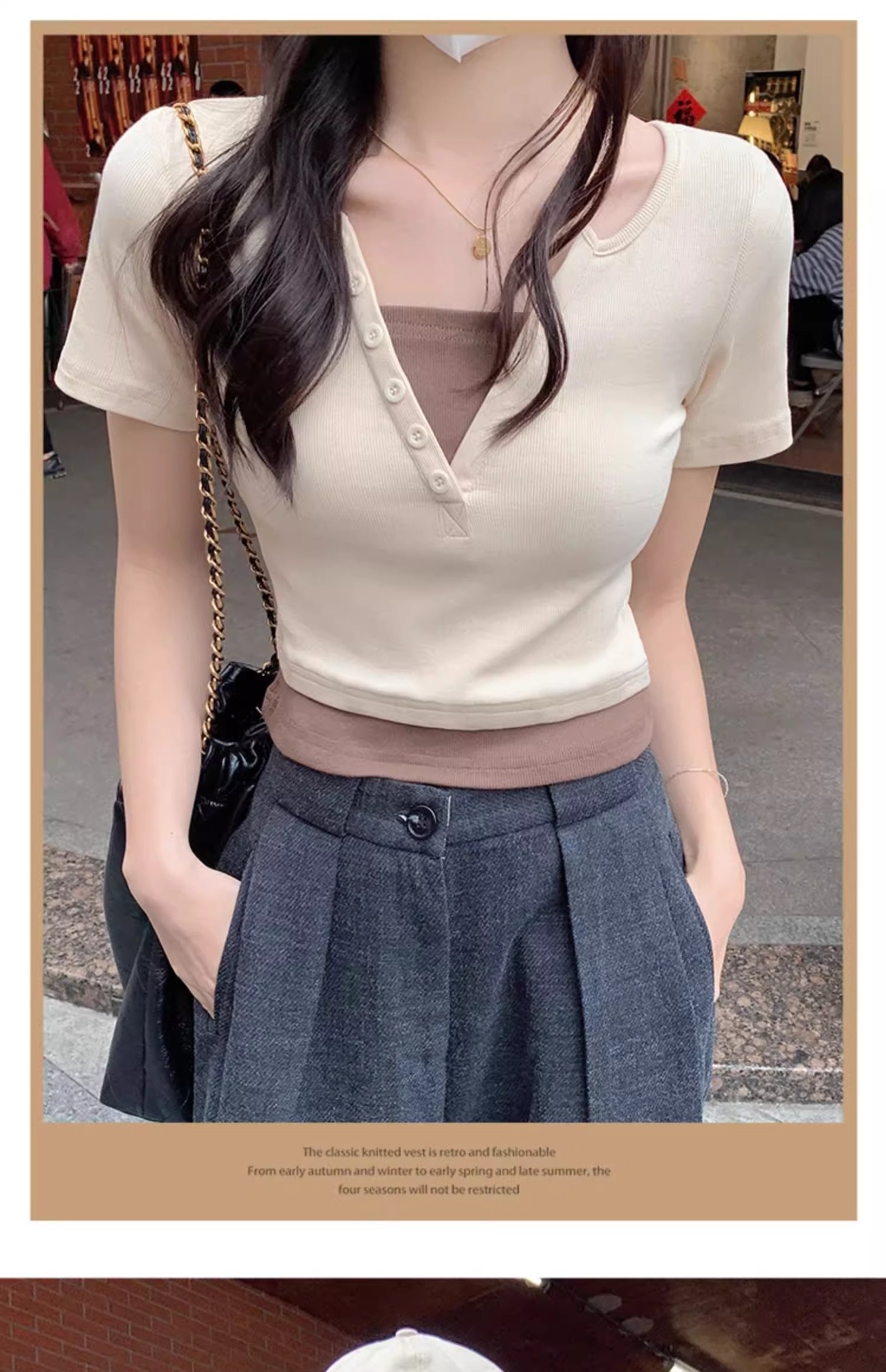 Pink V-neck off-the-shoulder T-shirt for women, short sleeve, new spring and summer style, two-piece design, slim and short, pure and sensual pic 18