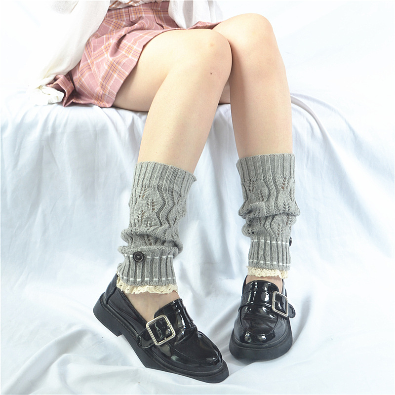 Otoño invierno nuevos modelos mujer punto lana hojas botones encaje ligueros cortos pequeño fresco protector de pantorrillas maré pic 8