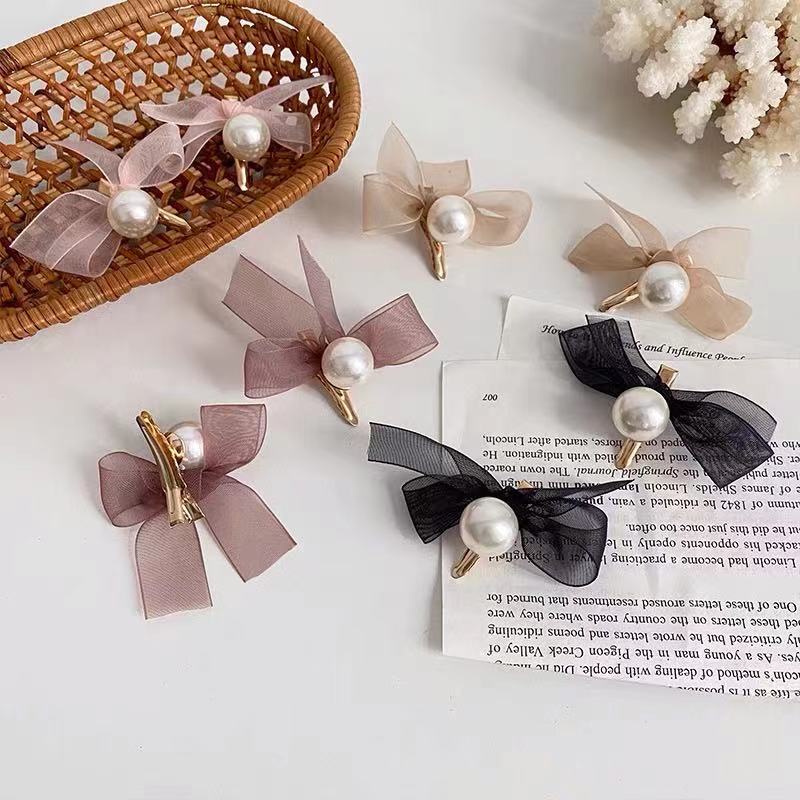 Romantic mesh bow pearl hair clip, sweet and versatile, bangs clip, girlish heart small clip, side clip hair accessory pic 6