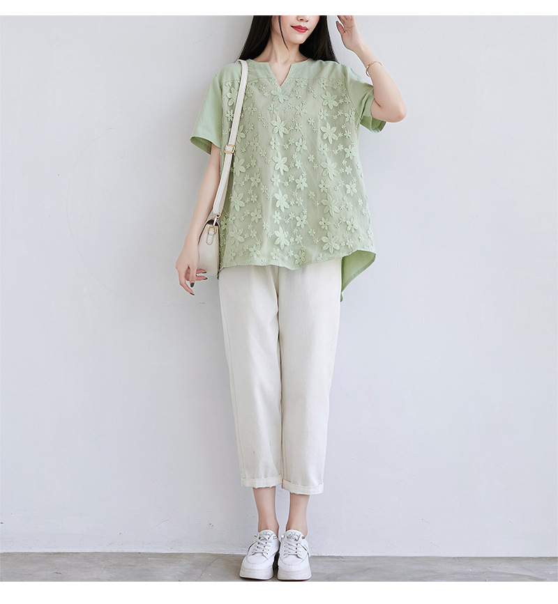 2022夏季新款速卖通欧美女装蕾丝刺绣短袖衬衫宽松女士上衣T恤详情25