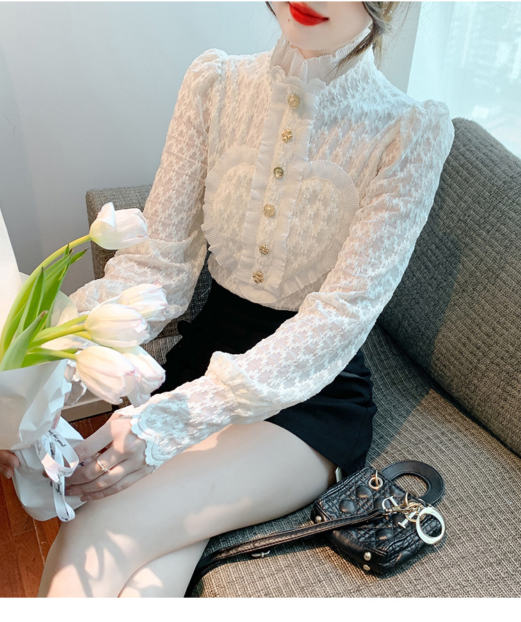 现货实拍2022秋冬新款荷叶边立领蕾丝衫花边衬衫加绒打底衫仙女详情11