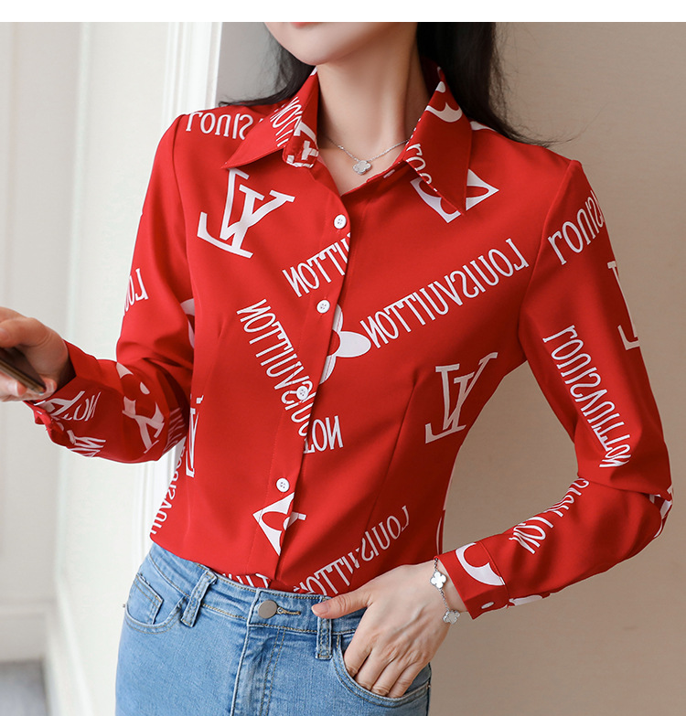 New spring and autumn Korean-style slim-fit shirt for women, long-sleeved printed striped trendy base layer, Hong Kong-style top for women pic 45