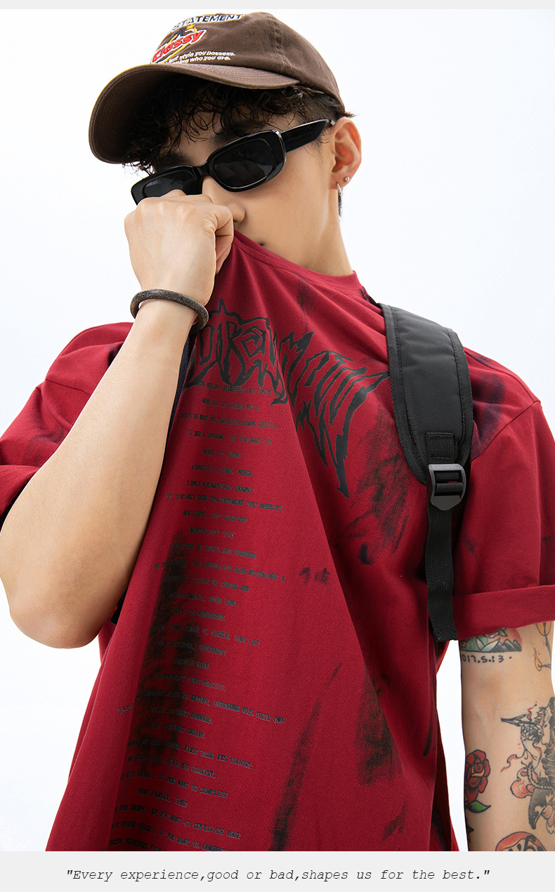 手绘印花纯棉T恤男2024夏季美式休闲情侣短袖做旧擦色复古体恤衫q详情9