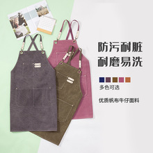 Customized thickened denim canvas aprons for foreign trade, waterproof household kitchen work, hairdressing aprons, and logo printing pic 9