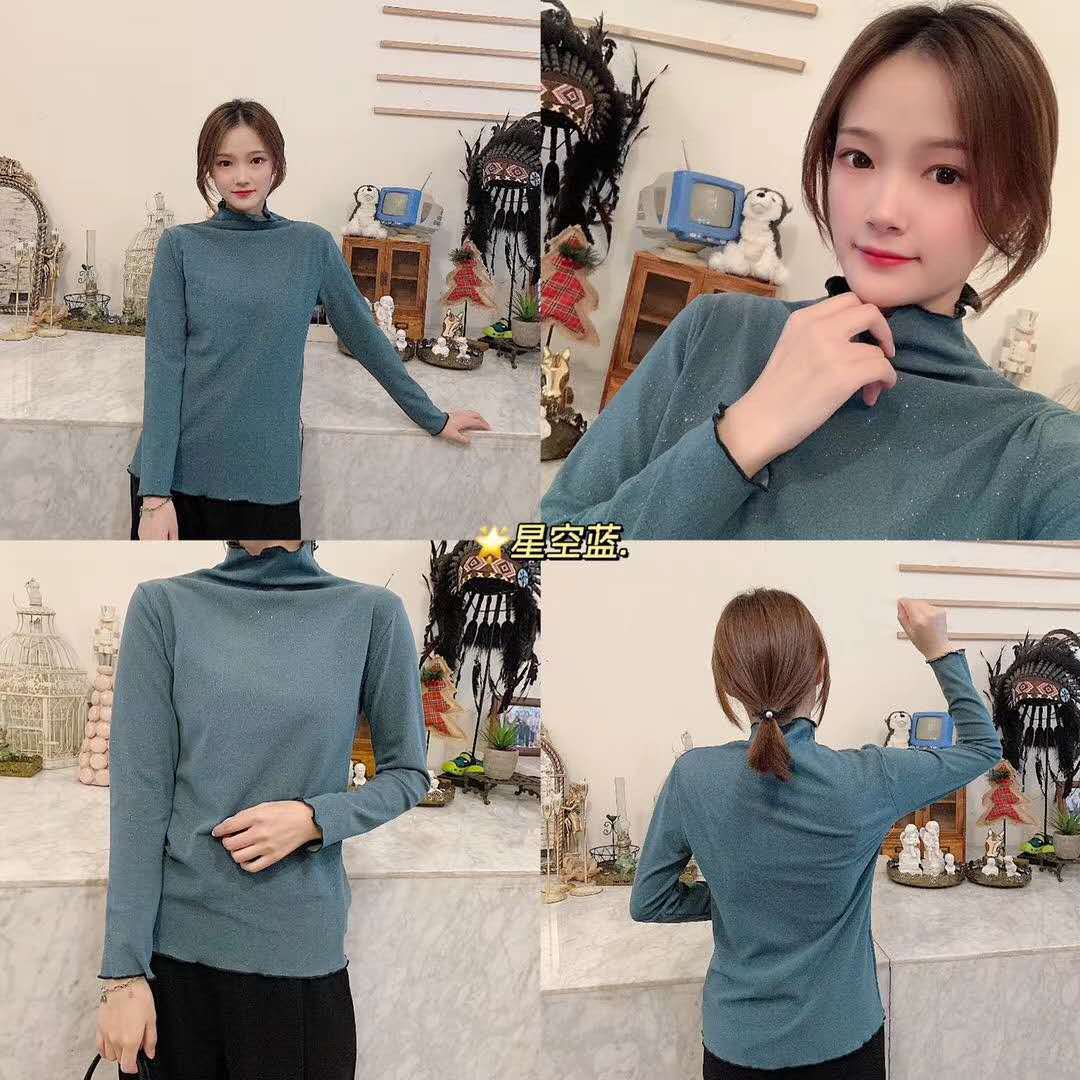 The 2022 autumn and winter new style base shirt for women is a semi-high-neck long-sleeved solid color with black fungus edges, paired with a fitted and warm German velvet top pic 32