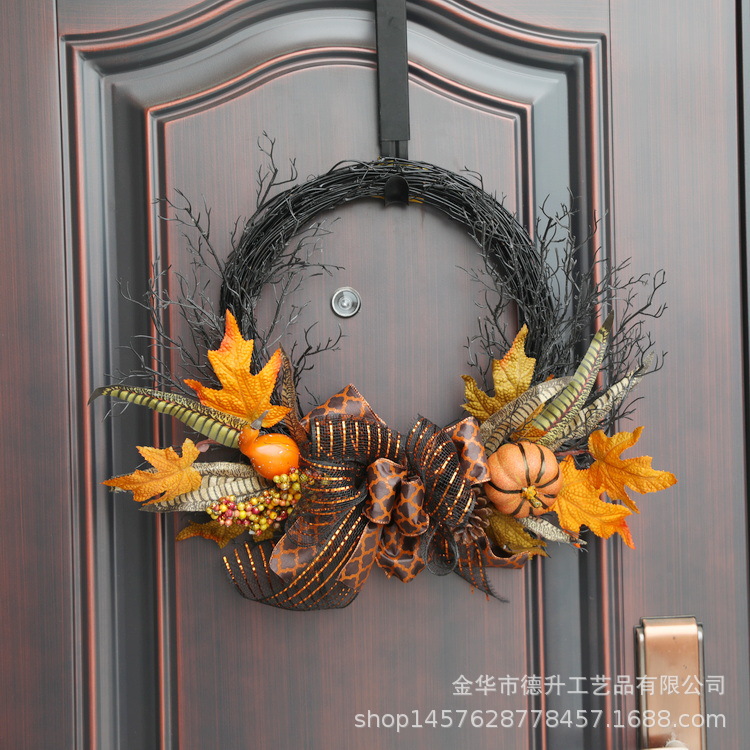 Desheng Cross-border E-commerce Amazon Halloween simulation maple leaf pumpkin Ribbon wall hanging vine ring wreath decoration pic 5