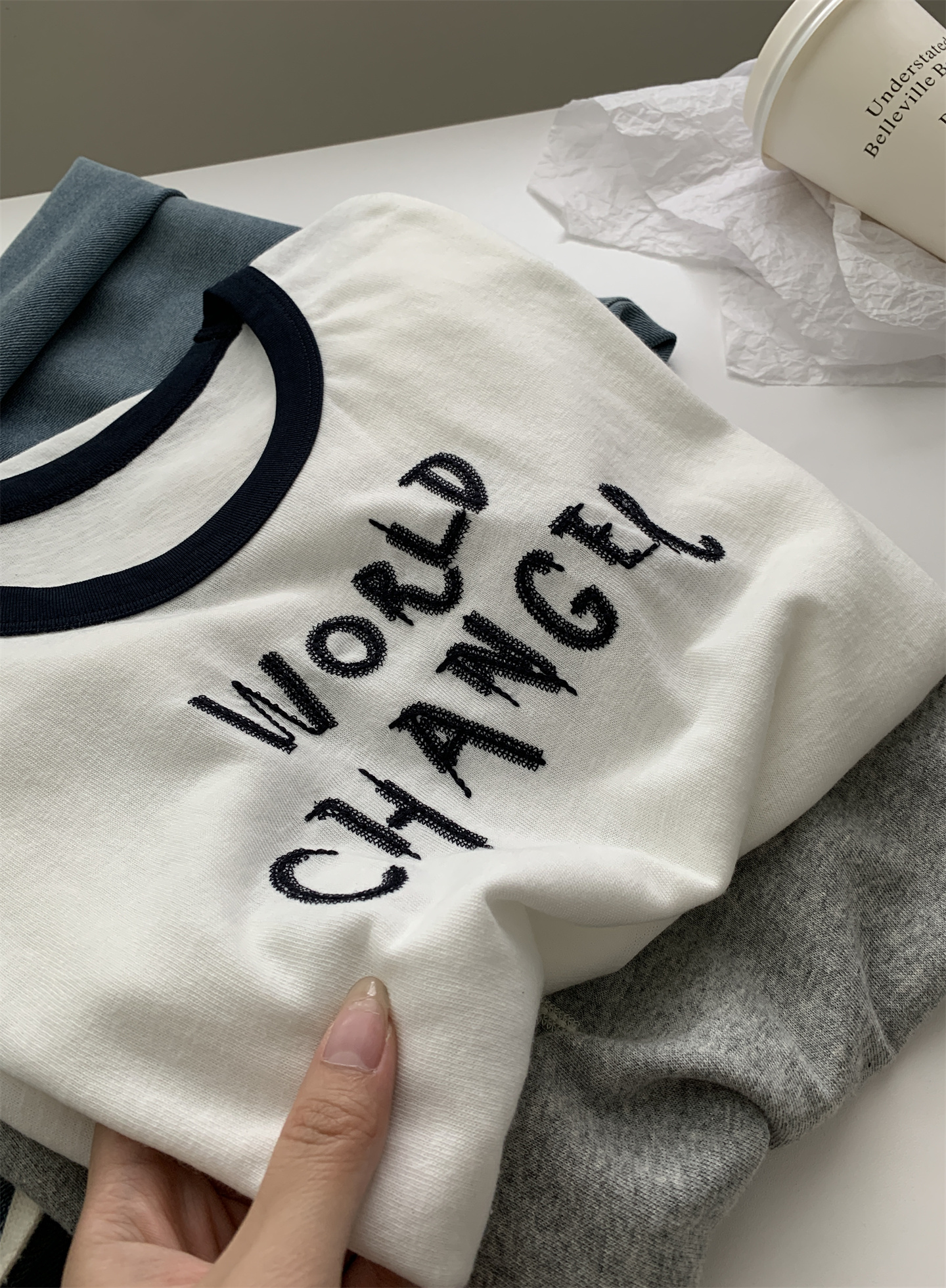 Summer thin, breathable snowflake cotton letter-shaped T-shirt for women, color-blocking round-neck lace embroidered loose short-sleeved top pic 13