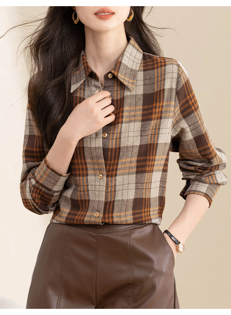 复古格子衬衫女长袖秋冬装新款中长款宽松上衣设计感小众磨毛衬衣详情17