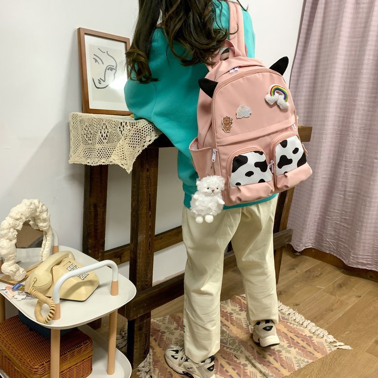 Japanese-style ins campus school style, fresh and cute, cute cow with earbuds, soft girl schoolbag, funny student backpack pic 82
