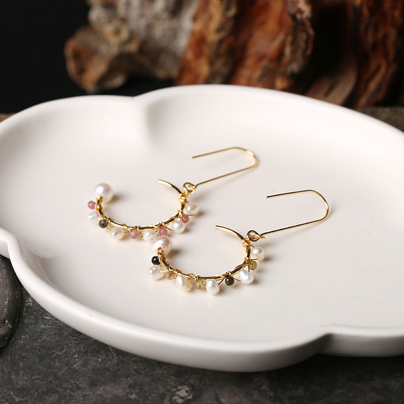 Hand-wound natural tourmaline freshwater pearls, retro and fashionable, face-enhancing, petite and unique, 14K gold-plated retro earrings for women pic 6