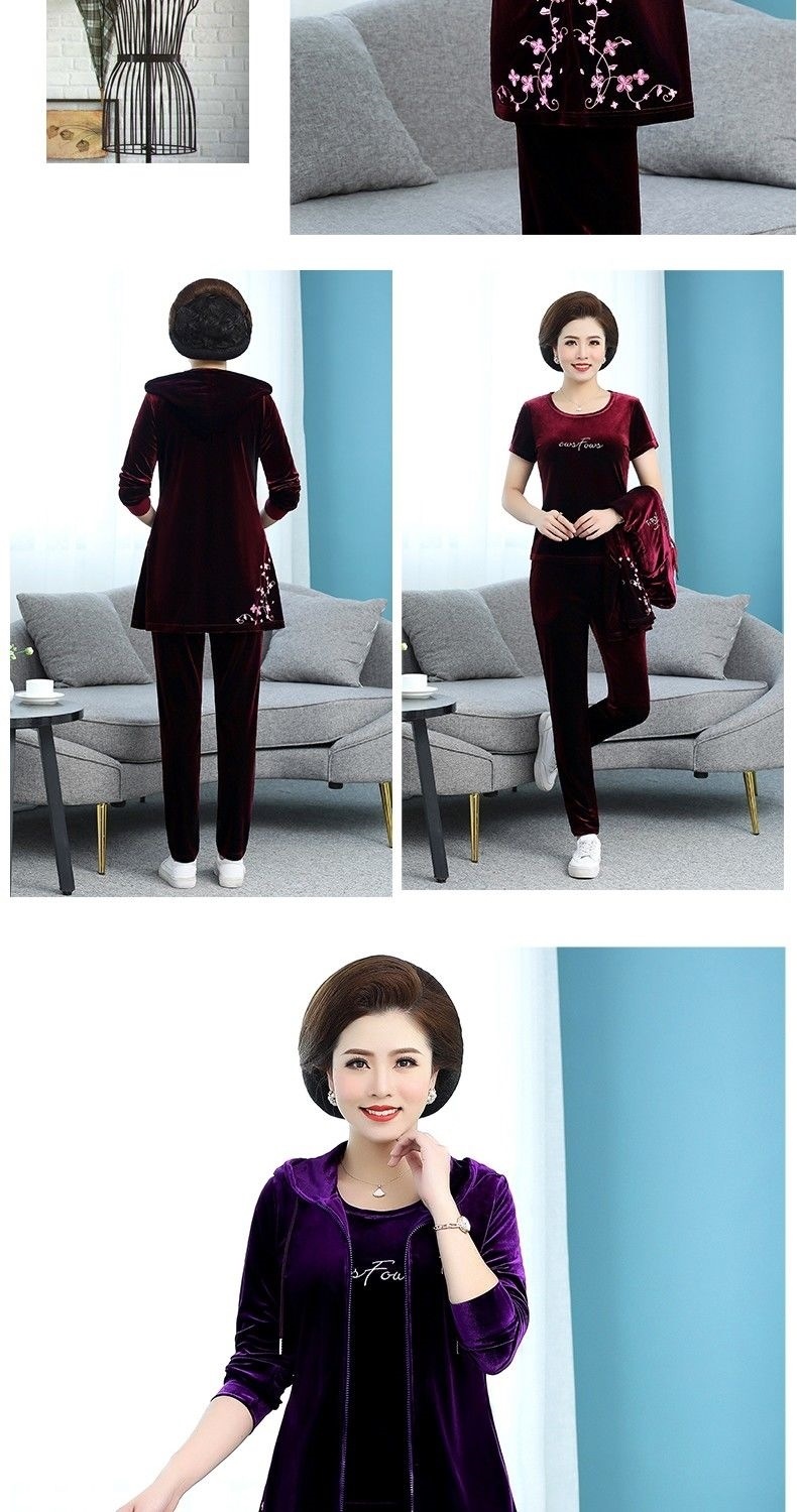 Middle-aged casual set for women in autumn, stylish, long velvet coat for middle-aged and elderly people, and a three-piece set for moms pic 8