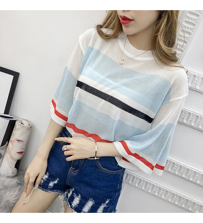 Korean-style striped thin cut-out see-through knitted sweater for women, half-sleeved loose large-sized flared sleeve top pic 4
