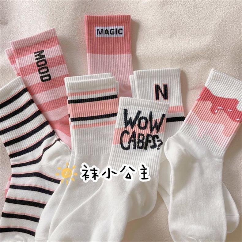 秋季袜子女长筒ins潮百搭高颜值森系中筒学生白色字母女生长袜女详情2