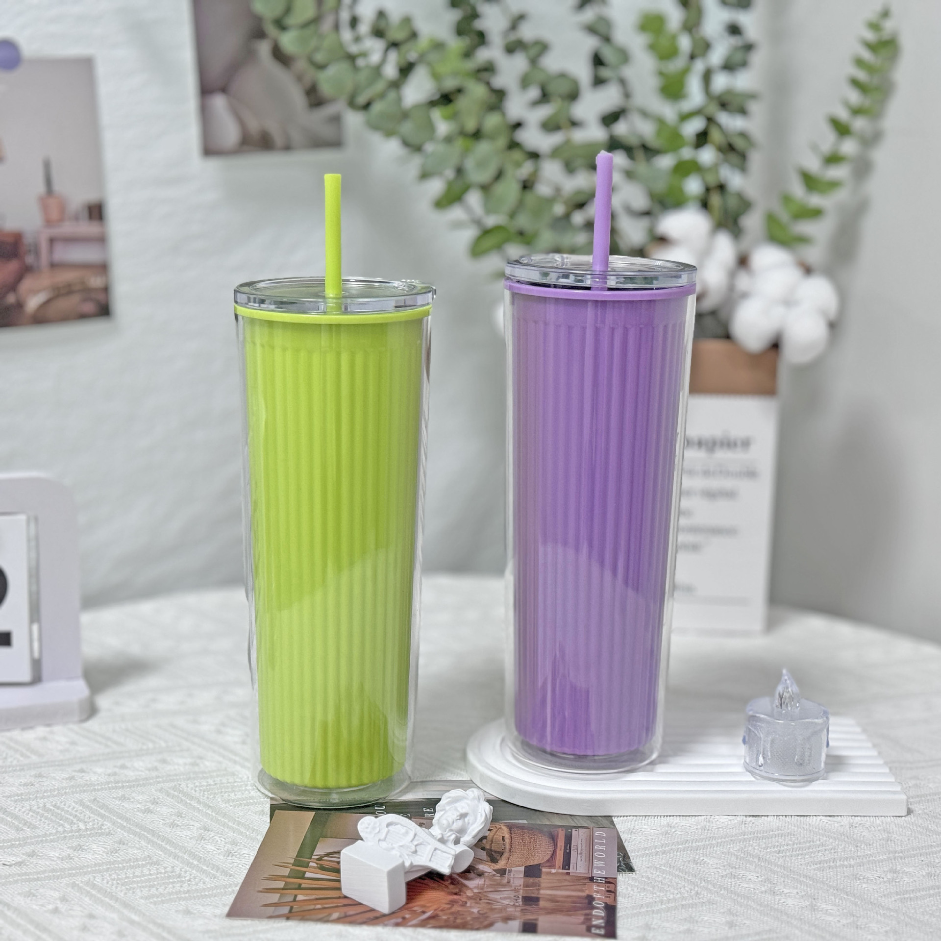 Wholesale of new summer internet-famous couple cups, plastic straw cups, and large-capacity plastic water cups for export with vertical patterns and straight bodies pic 15
