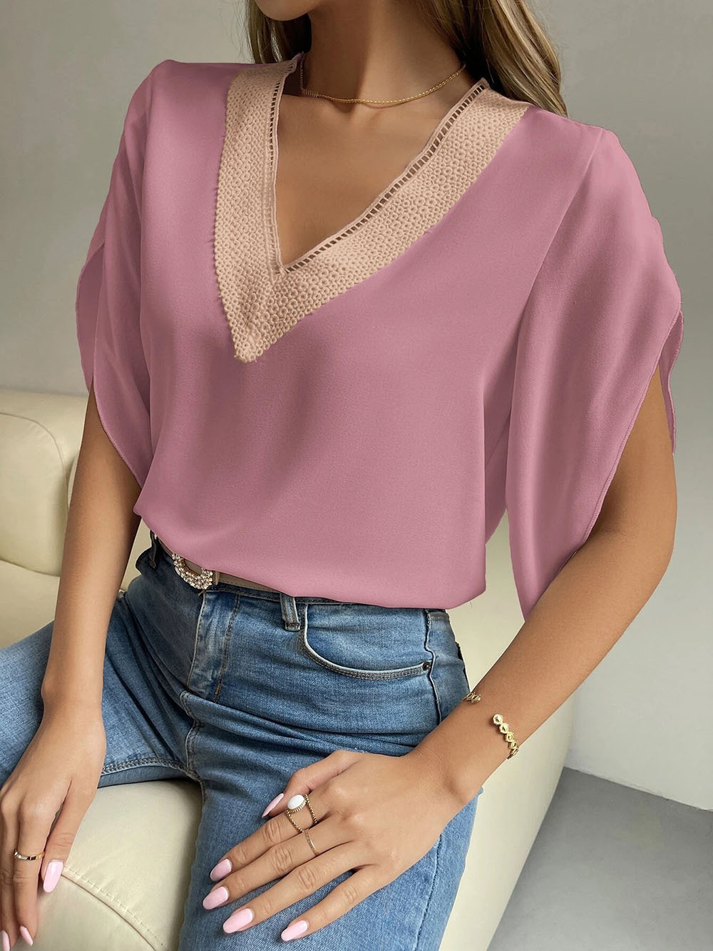 Amazon 2023 Spring/Summer New V-neck lace solid color top, elegant short-sleeved chiffon shirt for women pic 36