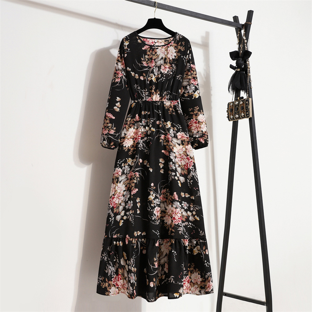 European and American floral long, round-neck, long-sleeved, waist-cinching and slimming dress pic 83