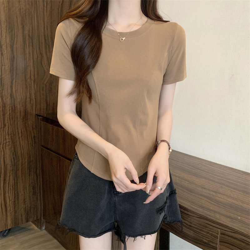 夏季新款短袖t恤女装正肩紧身设计感短款纯欲不规则下摆弧形上衣详情13