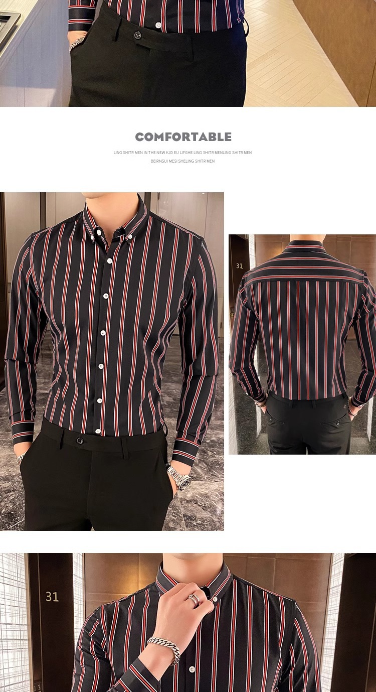 2025春季新款时尚条纹男士长袖衬衫显瘦韩版时尚修身青年帅气衬衣详情9