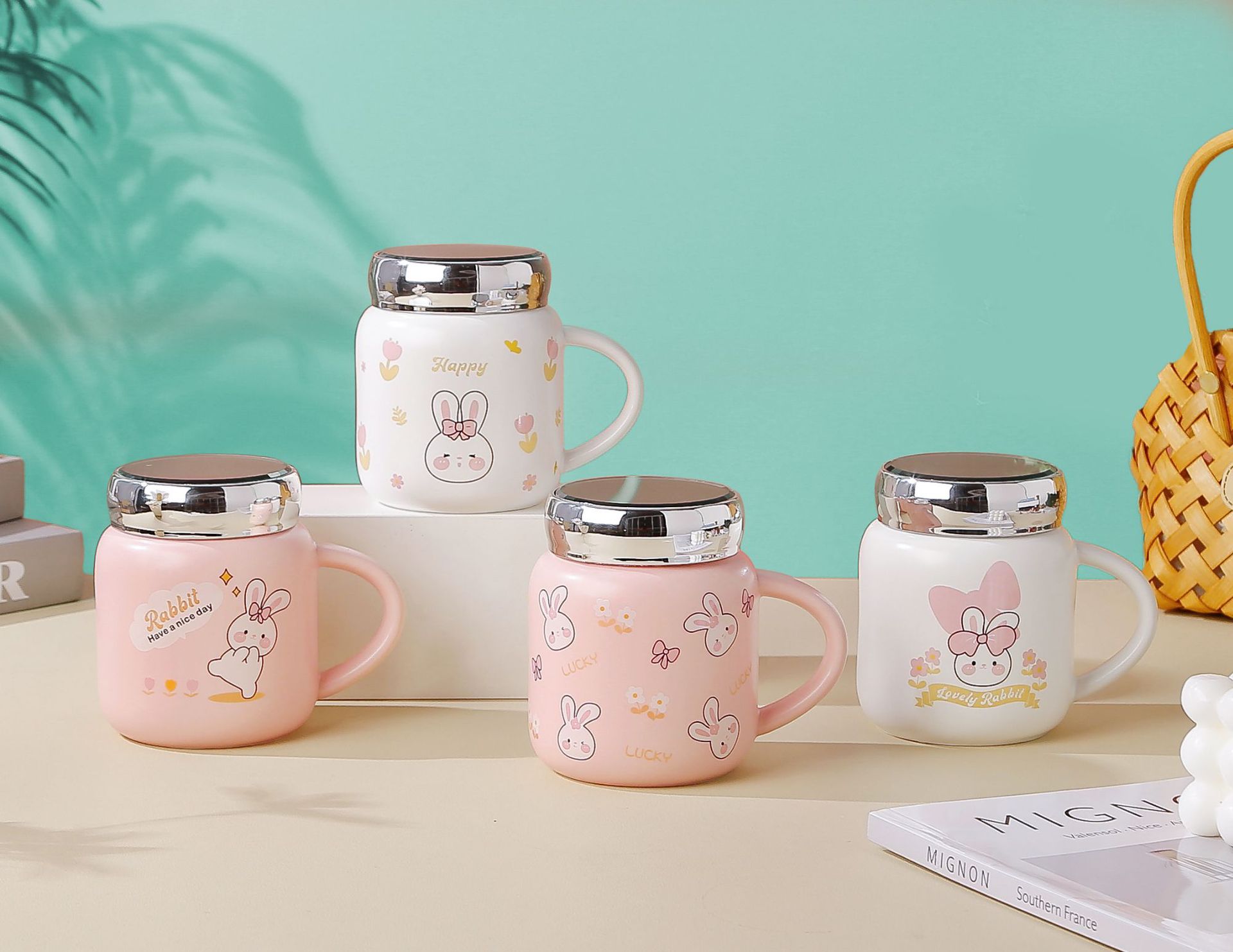 High appearance level, creative personality, cute mug with lid and spoon, home ceramic water cup, breakfast bow mug pic 1