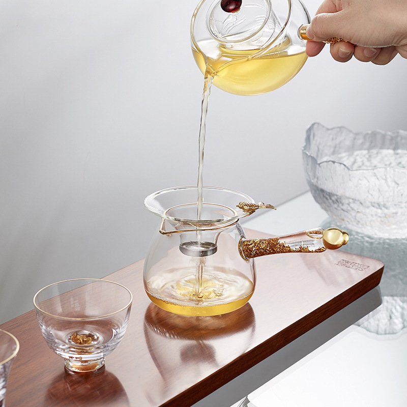 High borosilicate heat-resistant glass 300ml fair cup tea dispenser, handcrafted gold foil Gongfu tea set, side-handled teapot, tea boiling set pic 21