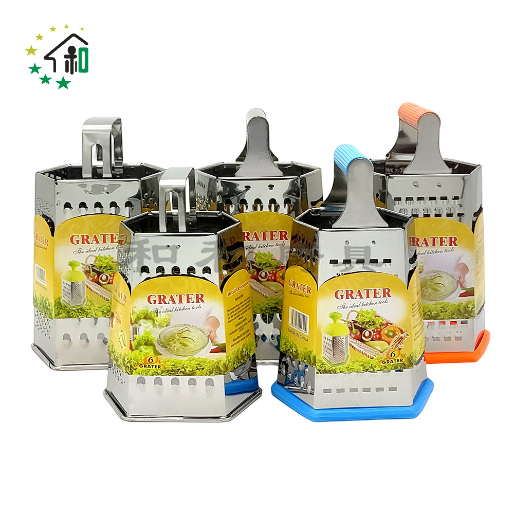 Wholesale kitchen two-color six-sided vegetable grater, household stainless steel potato grater, carrot, melon and fruit slicer pic 9