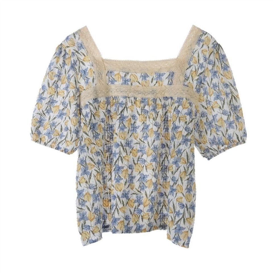 2023夏季韩版宽松雪纺短袖上衣女方领碎花娃娃衫设计感衬衫小个子详情7