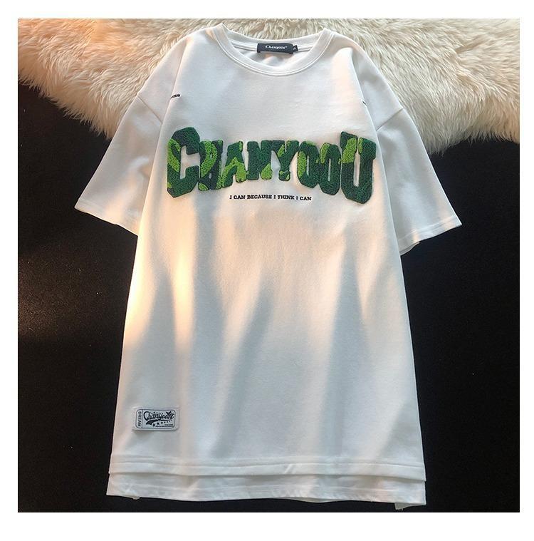 American retro 2022 early spring new collection: Loose couple round-neck white short-sleeved T-shirt with towel embroidery, trendy for women on Instagram pic 9