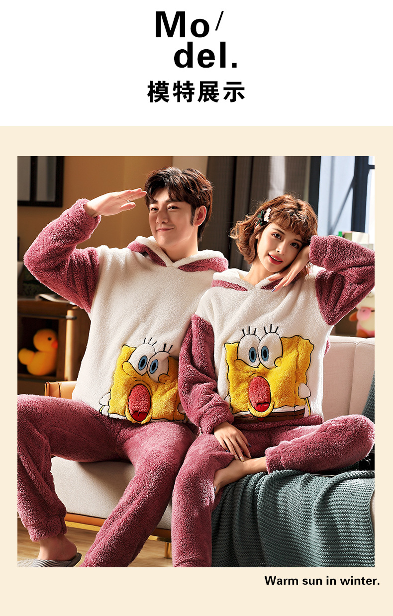 长毛绒冬季卡通情侣加厚加绒睡衣女帽子外穿法兰绒套装男士家居服详情120
