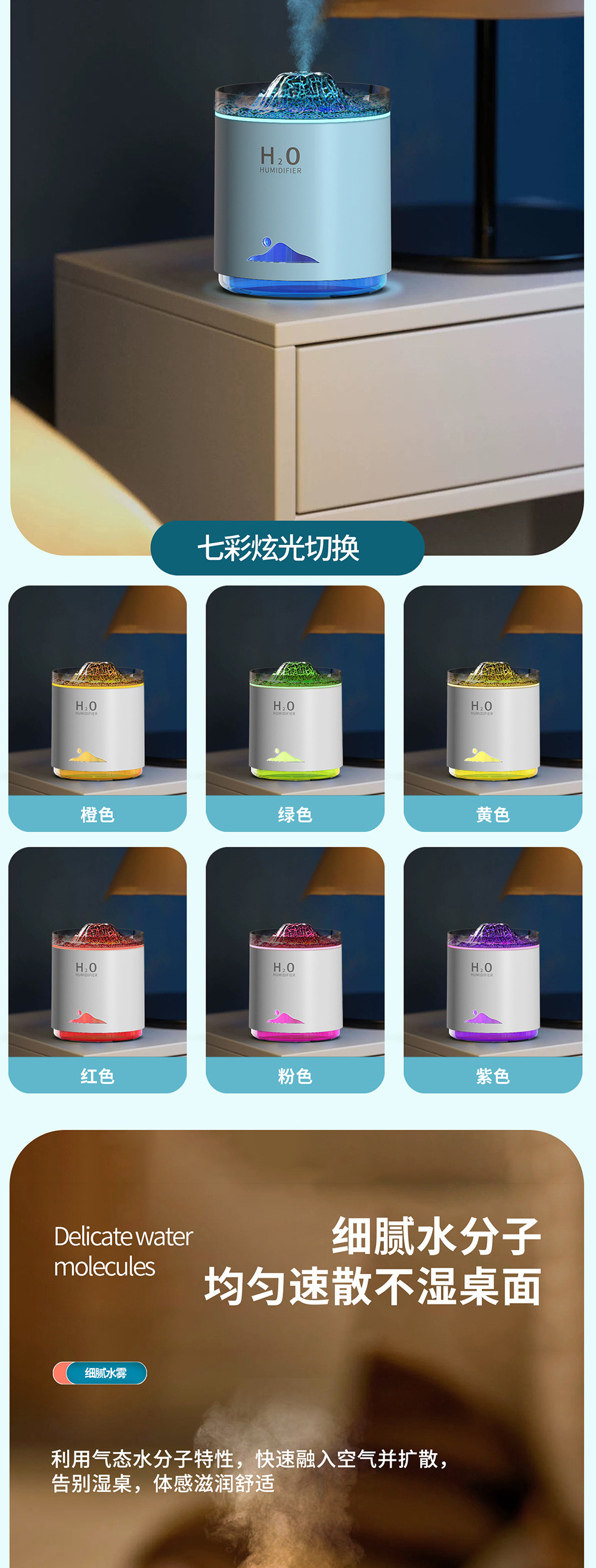 新款创意礼物火山香薰机家用卧室桌面空气补水雾化香薰喷雾加湿器详情3