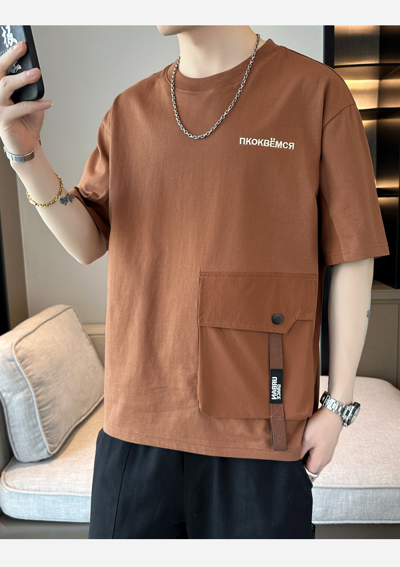 2024 Summer new short-sleeved T-shirt, thin, simple pocket, round neck, fashionable and trendy brand clothing, cool loose top pic 13