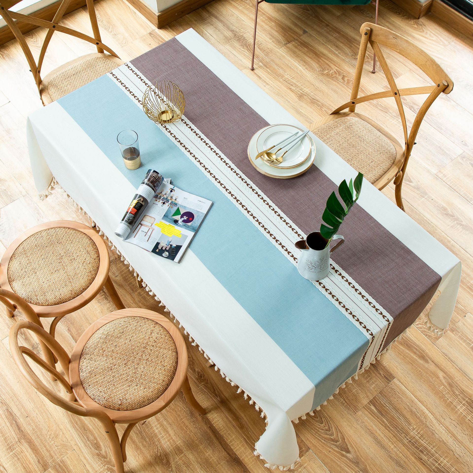 Cross-border Japanese color-blocking and color-blocking embroidered tassel tablecloths, kitchen, dining room, party, family table cover decoration, cotton and linen pic 16