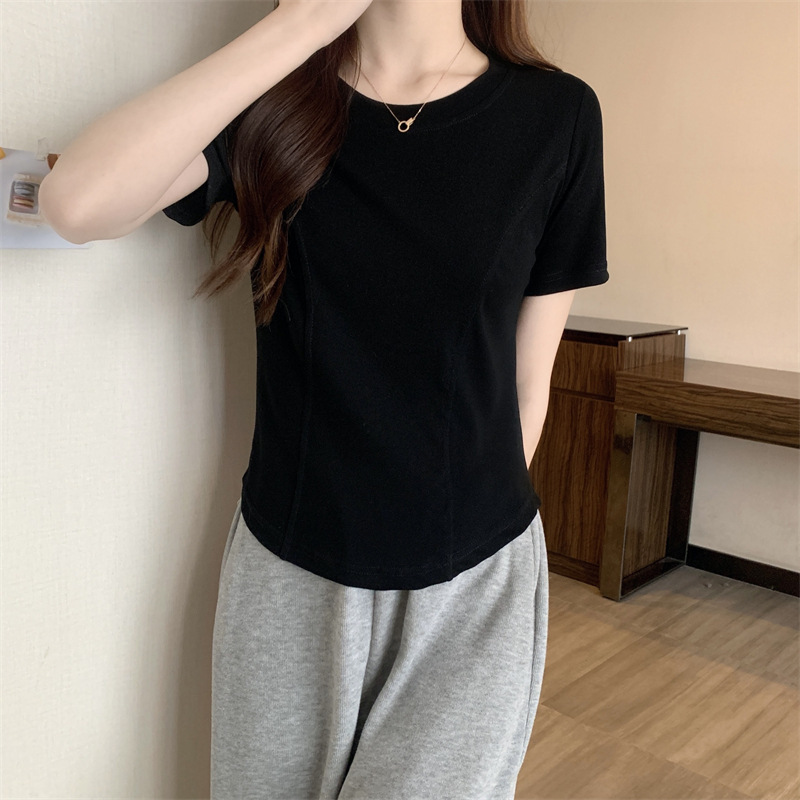 夏季新款短袖t恤女装正肩紧身设计感短款纯欲不规则下摆弧形上衣详情15