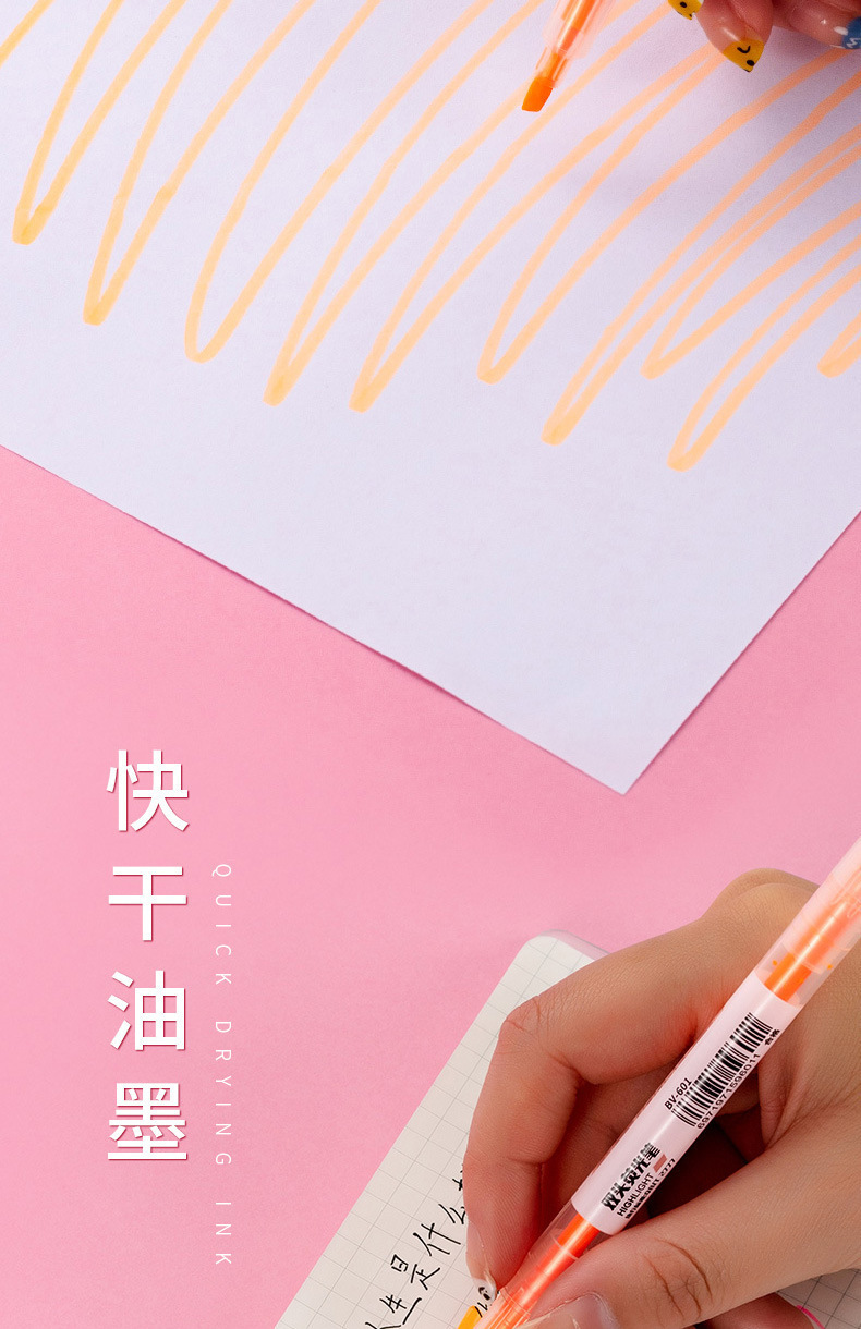Grueso y fino doble cabeza highlighter hand book pen gran capacidad wholesale 6pcs set color candy stroke focus pen marcador pen pic 6