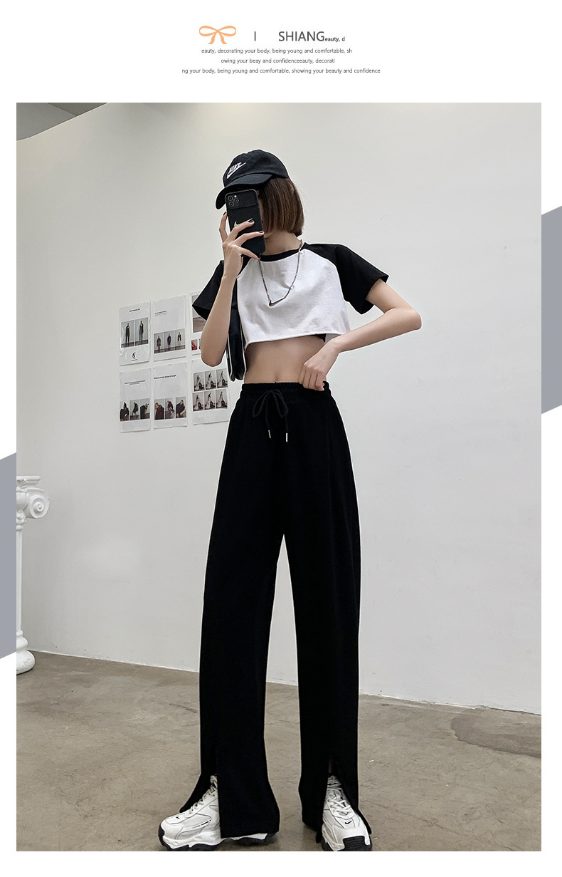 Black slit wide-leg pants for women, 2021 new style slimming casual pants, high-waisted loose straight leg with drape, versatile floor-length pants pic 23