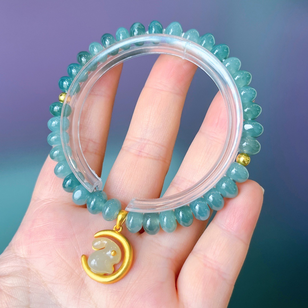 Amazon AliExpress New Chinese-style natural blue water drum bead A-grade jade bracelet for women, light luxury 925 silver inlaid rabbit jewelry pic 28