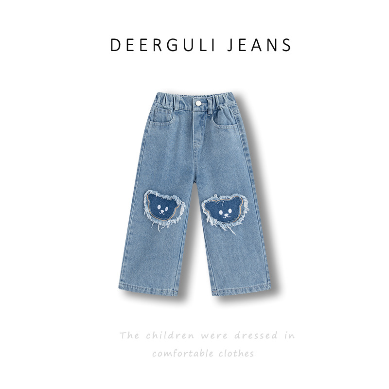 西米鹿女童裤子2024春款儿童韩版卡通牛仔直筒裤宝宝休闲宽松裤子详情1