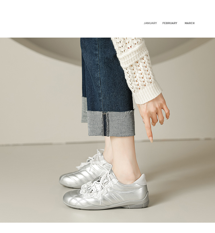 牛皮版2025春季新款银色斜带蕾丝边设计德训鞋舒适运动芭蕾舞女鞋详情14