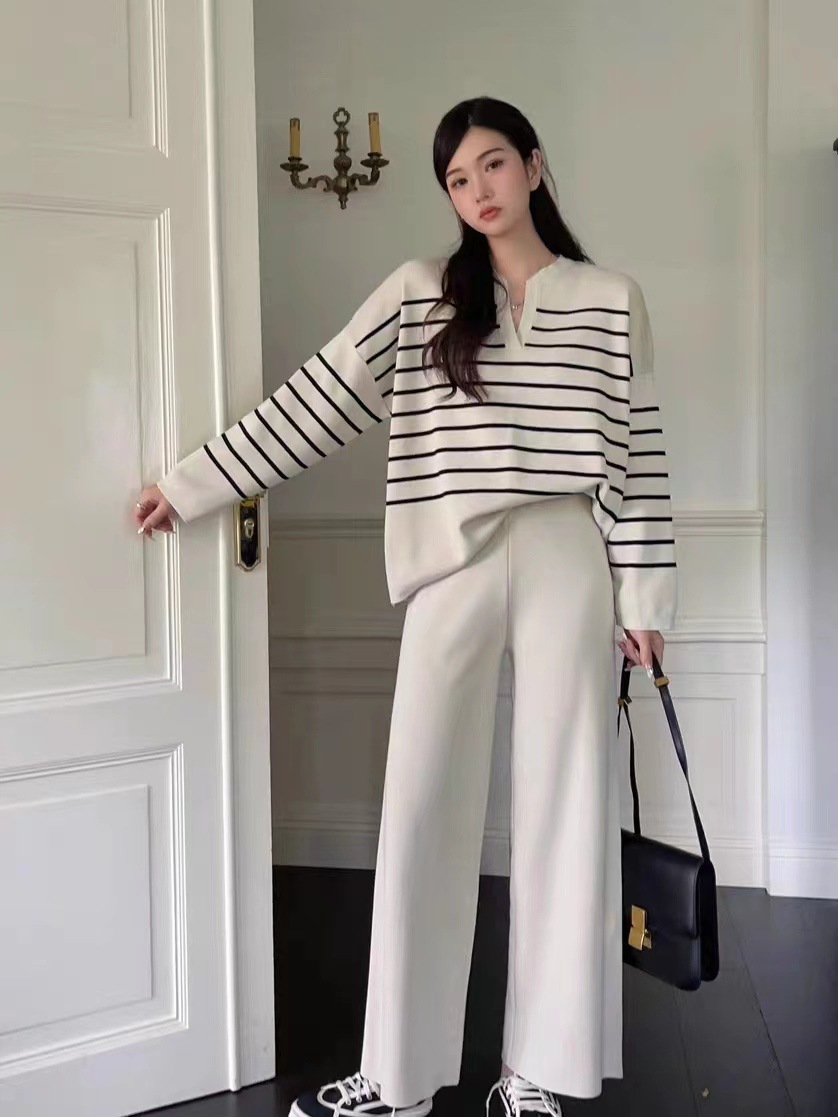 A two-piece Korean-style loose striped knitted top and casual high-waisted, sagging knitted wide-leg pants pic 14