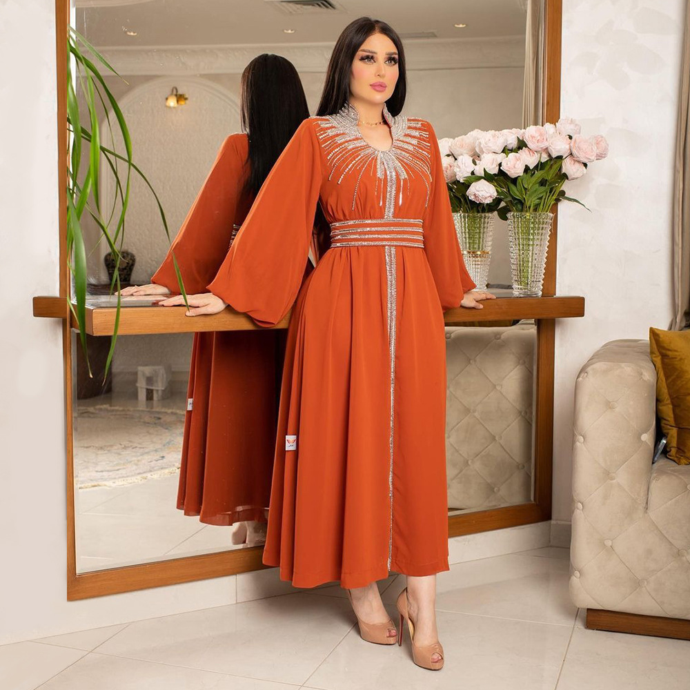 XQY500090 Foreign trade Arab robe, Middle East kaftan fashion Hot diamond belted chiffon dress pic 10