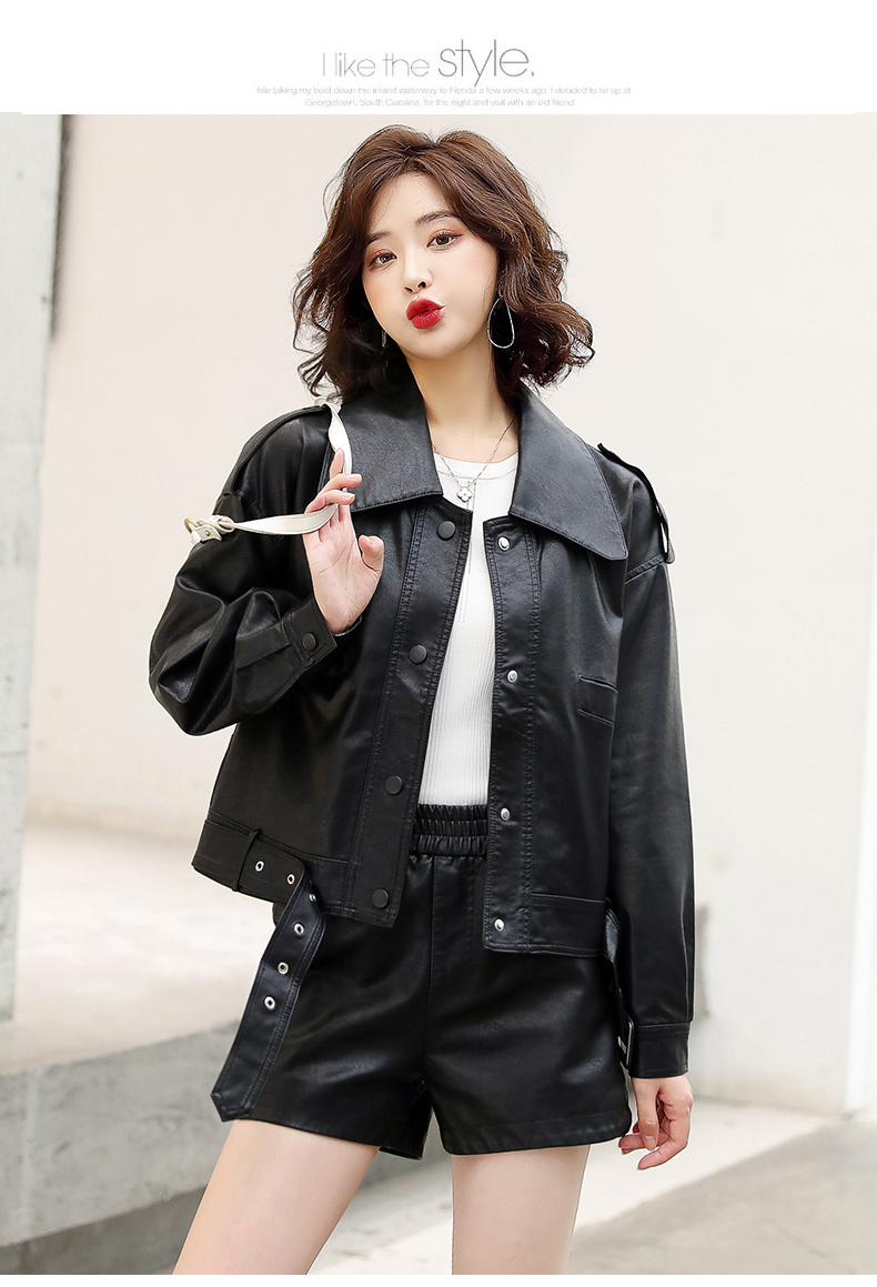 2022秋季新款女装皮拼接PU上衣短裤两件套短款皮衣休闲时尚套装详情25